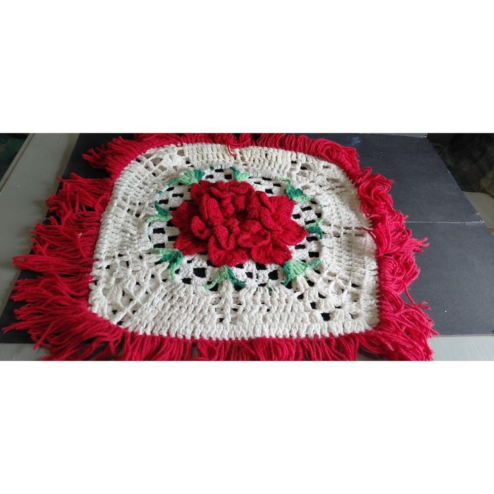 vintage handcrafted crochet 3D rose granny square pillow cover Grandma Decor Art - Picture 5 of 12